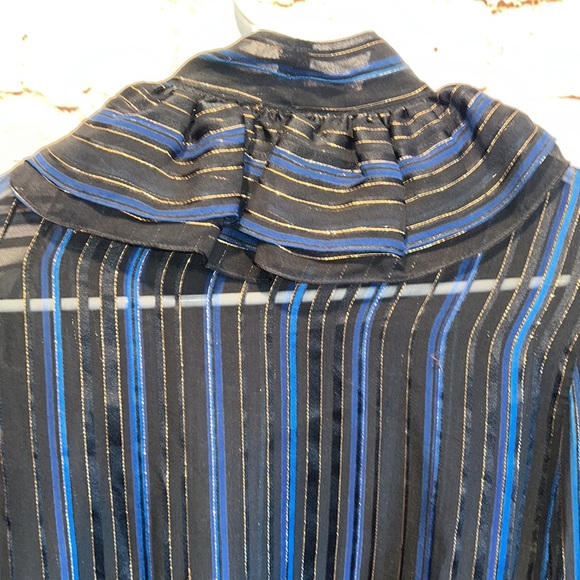 John Yang Shirt Womens 12 Blue Black Striped Long Sleeve Blouse Ruffle High Neck - Picture 7 of 12